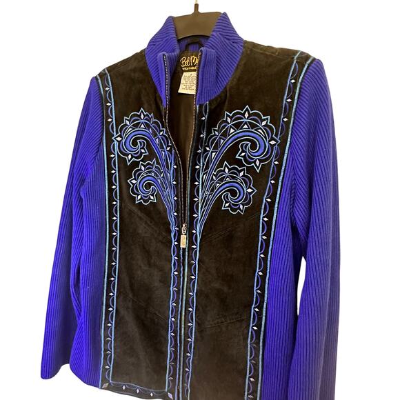 Bob Mackie Sweaters - Bob Mackie Wearable Art Embroidered Leather Jacket Blue Black Boho Size S